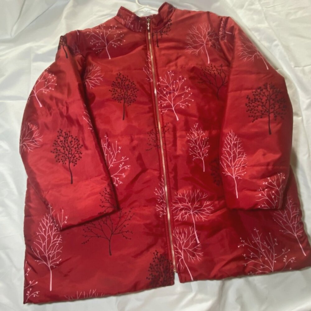 Womens Red Jacket 1X Nylon & Polyester Tree Print‎ Full Metal Zip